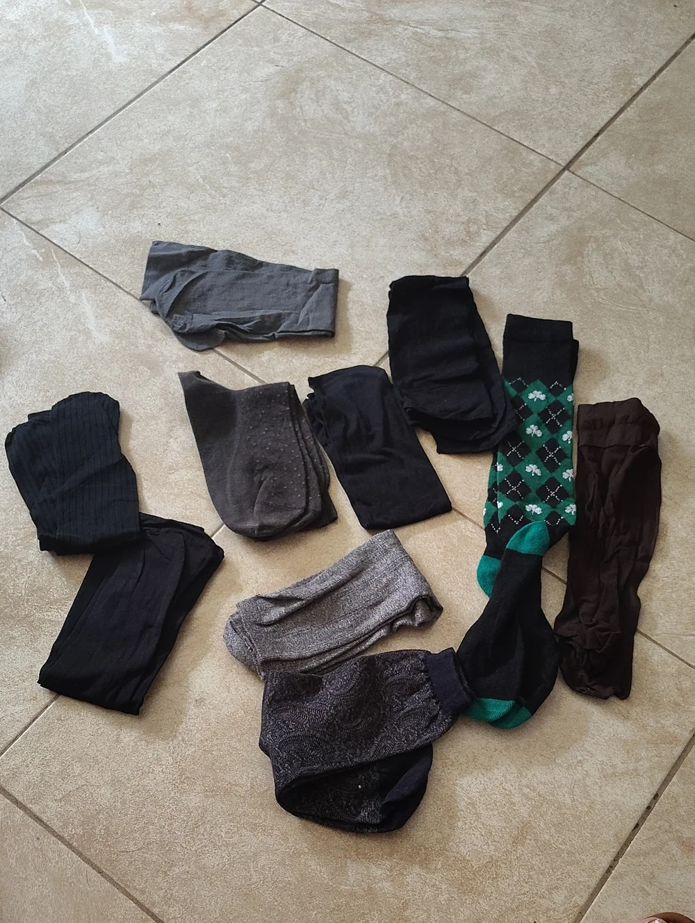 Assorted Women Or Men's 10 Socks - Black, Gray, Brown & Green Argyle Never Worn